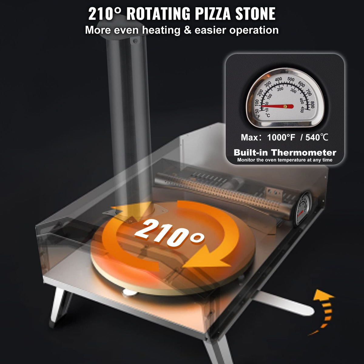 Portable Outdoor Oven, 12-inch Pizza Oven, Pellet & Chips & Charcoal Tri-Fuel, Iron Spray Pizza Grill, Includes 210° Rotatable Pizza Stone, Scoop, Ideal for Camping & Backyard, Black