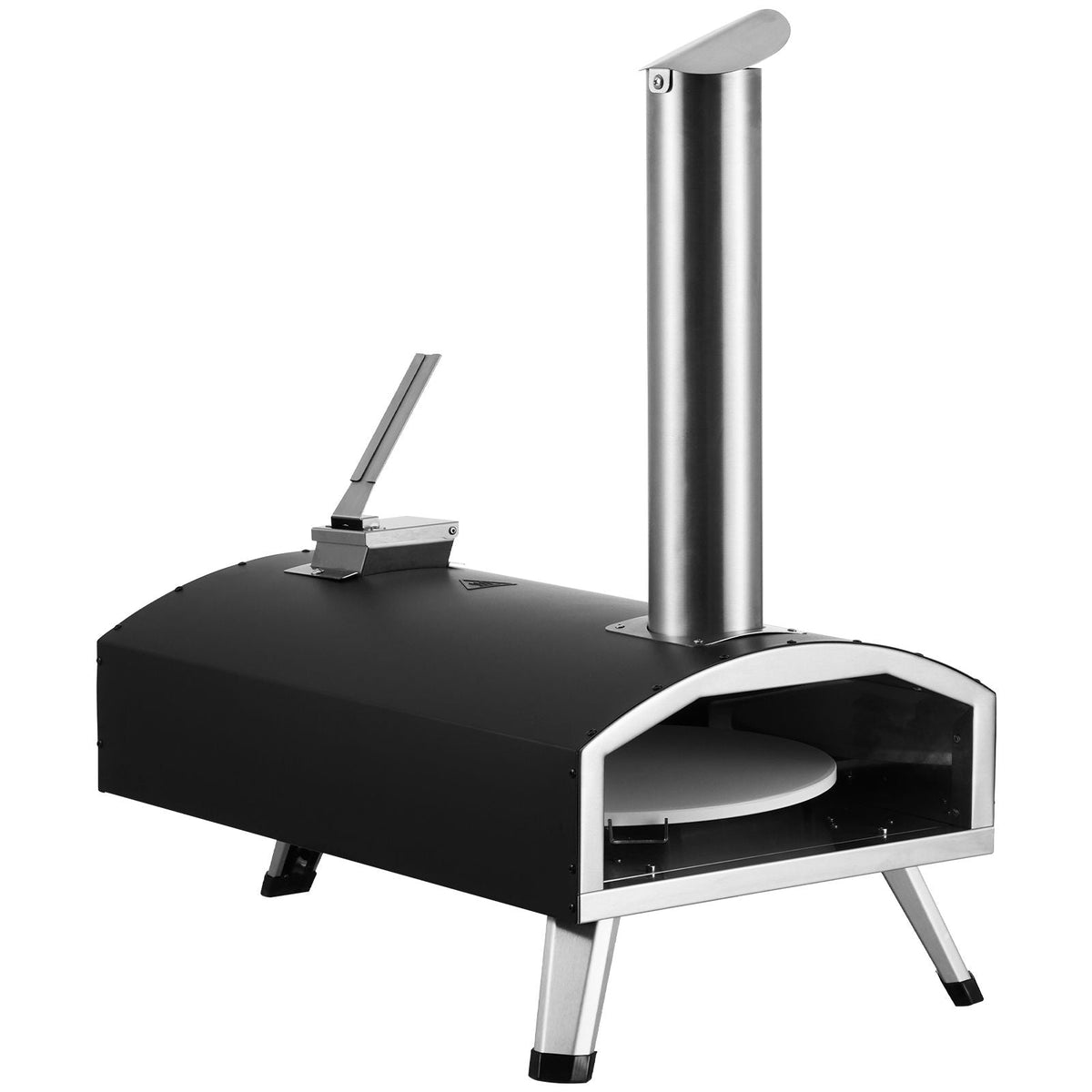 Portable Outdoor Oven, 12-inch Pizza Oven, Pellet & Chips & Charcoal Tri-Fuel, Iron Spray Pizza Grill, Includes 210° Rotatable Pizza Stone, Scoop, Ideal for Camping & Backyard, Black