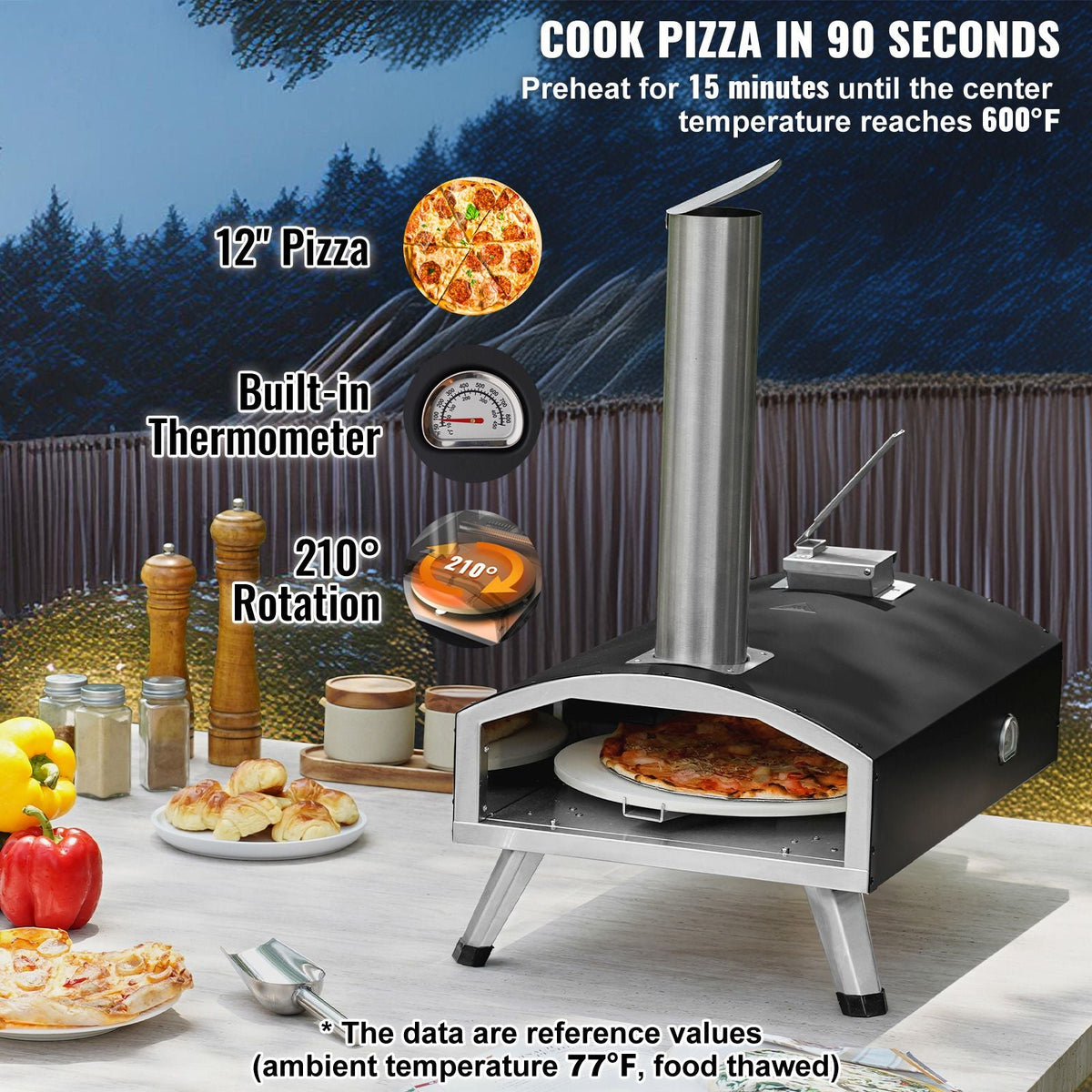 Portable Outdoor Oven, 12-inch Pizza Oven, Pellet & Chips & Charcoal Tri-Fuel, Iron Spray Pizza Grill, Includes 210° Rotatable Pizza Stone, Scoop, Ideal for Camping & Backyard, Black