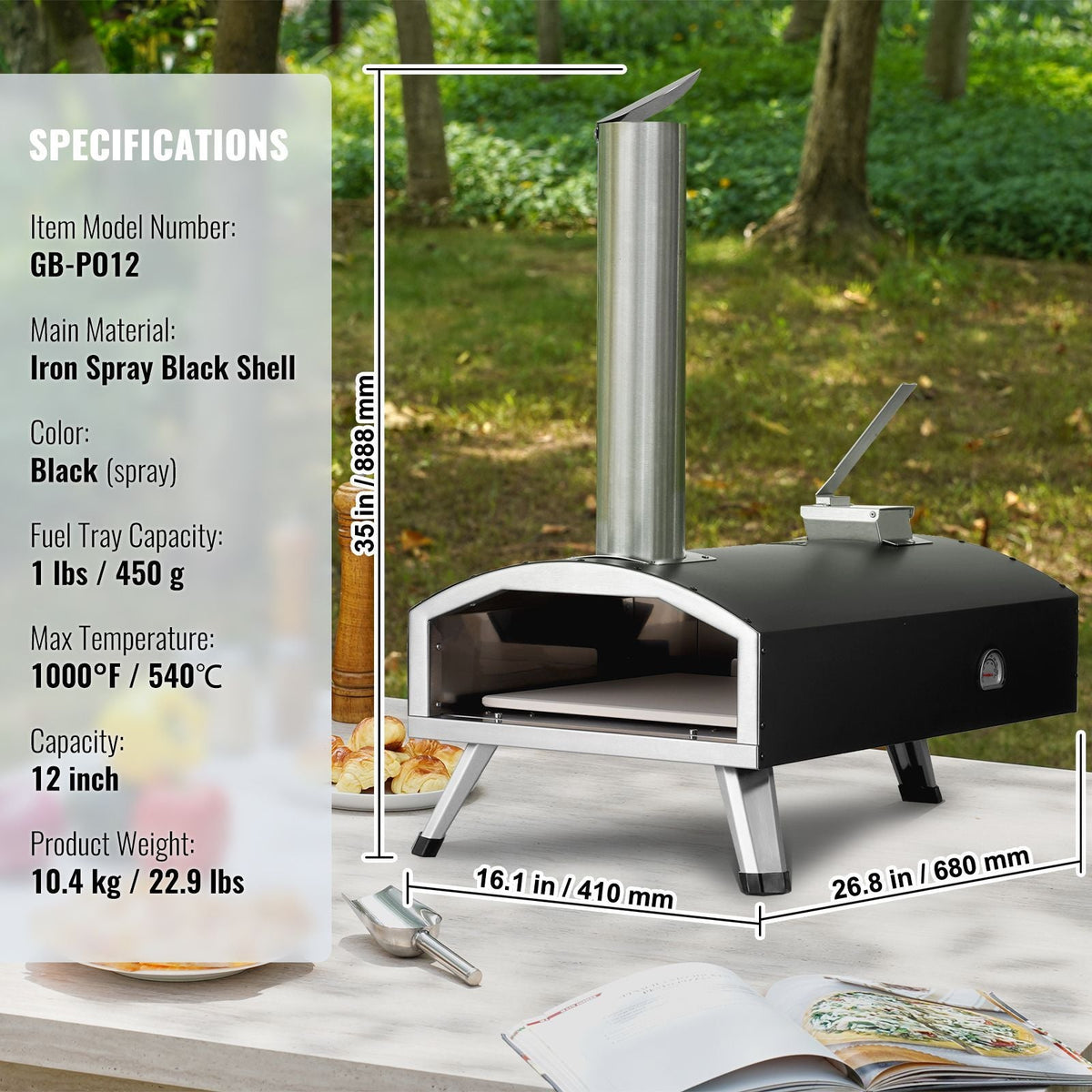 Portable Outdoor Oven, 12-inch Pizza Oven, Pellet & Chips & Charcoal Tri-Fuel, Iron Spray Pizza Grill, Includes Pizza Stone, Waterproof Cover, Shovel, Ideal for Camping & Backyard, Black