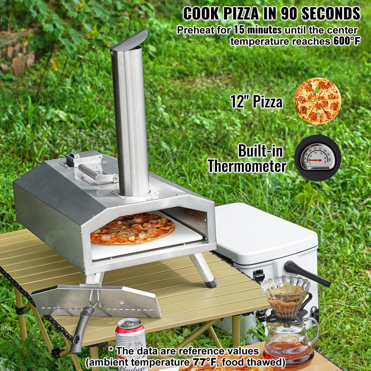 Portable Outdoor Oven, 12-inch Pizza Oven, Pellet & Chips & Charcoal Tri-Fuel, Stainless Steel Pizza Grill, Includes Pizza Stone, Waterproof Cover, Shovel, Ideal for Camping & Backyard, Silver