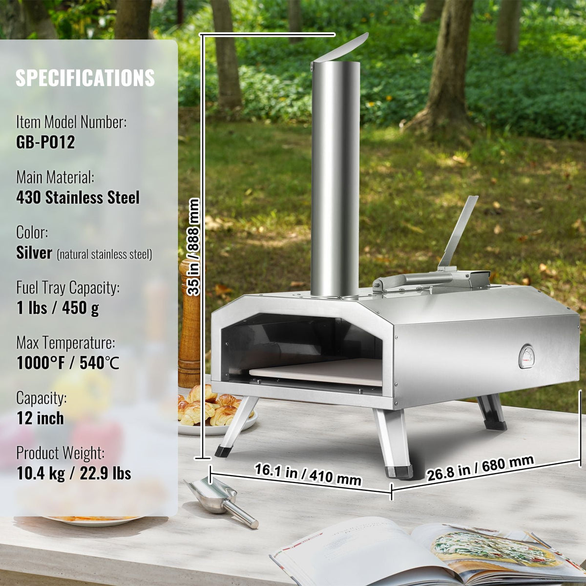 Portable Outdoor Oven, 12-inch Pizza Oven, Pellet & Chips & Charcoal Tri-Fuel, Stainless Steel Pizza Grill, Includes Pizza Stone, Waterproof Cover, Shovel, Ideal for Camping & Backyard, Silver