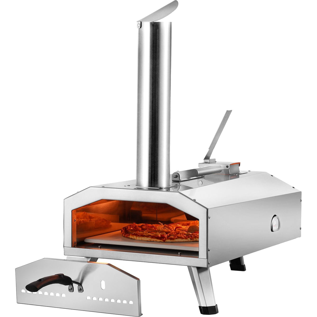 Portable Outdoor Oven, 12-inch Pizza Oven, Pellet & Chips & Charcoal Tri-Fuel, Stainless Steel Pizza Grill, Includes Pizza Stone, Waterproof Cover, Shovel, Ideal for Camping & Backyard, Silver