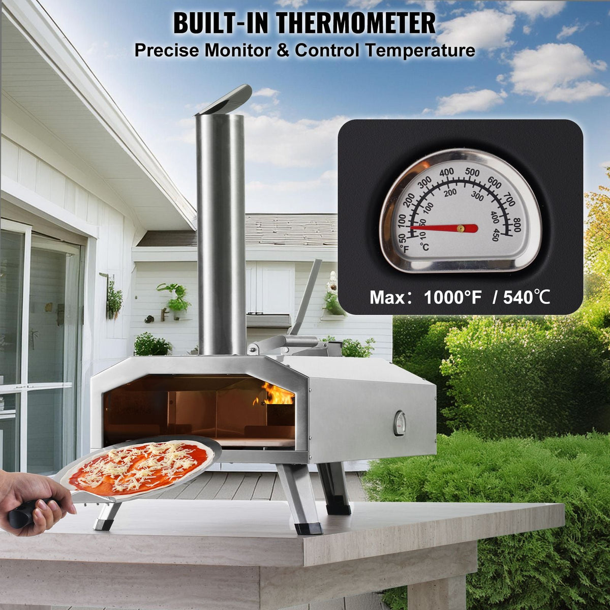 Portable Outdoor Oven, 12-inch Pizza Oven, Pellet & Chips & Charcoal Tri-Fuel, Stainless Steel Pizza Grill, Includes Pizza Stone, Waterproof Cover, Shovel, Ideal for Camping & Backyard, Silver