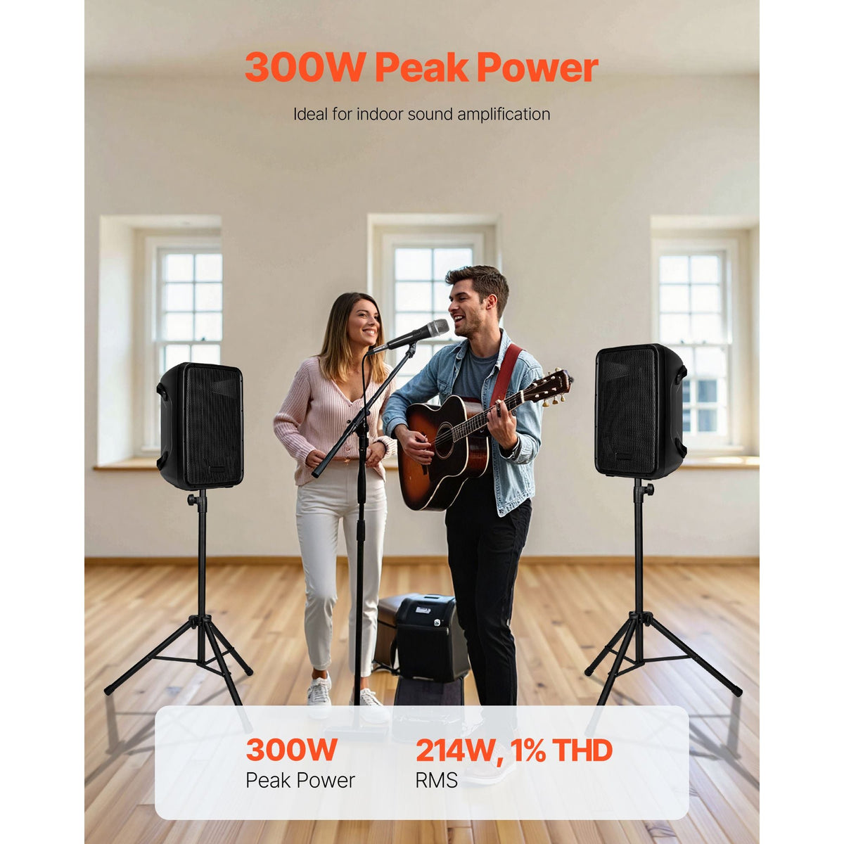 Portable PA System, 300W Powered, Sound System Set with 8 Channel Mixer, Dual Speakers, Wireless Bluetooth, Microphone, Compact Stands, USB SD XLR RCA Inputs, Remote Control, for DJs Events