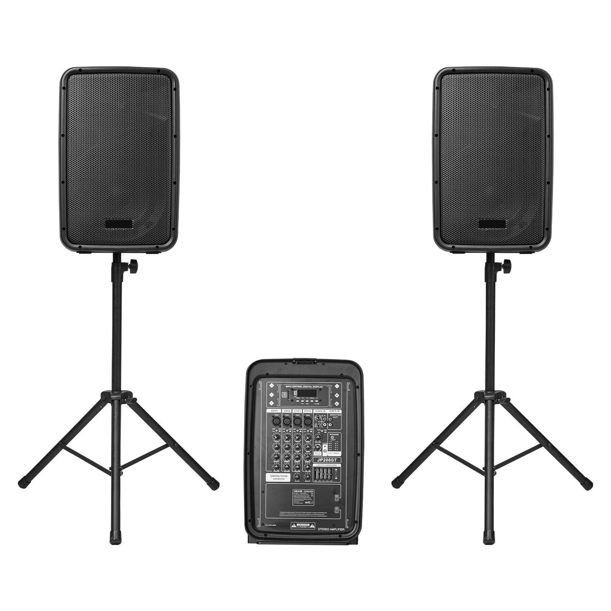 Portable PA System, 300W Powered, Sound System Set with 8 Channel Mixer, Dual Speakers, Wireless Bluetooth, Microphone, Compact Stands, USB SD XLR RCA Inputs, Remote Control, for DJs Events