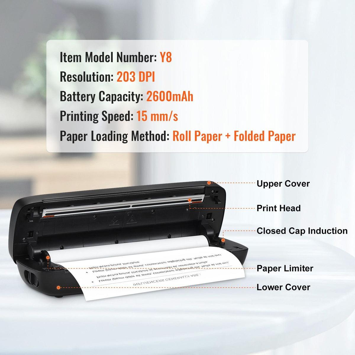 Portable Printer - 2600mAh Battery, 203 DPI, Bluetooth Inkless Mobile Printer for A4, A5 & 8.5" x 11" Thermal Paper, Compatible with iOS, Android & Laptop, Ideal for Travel, Office & Home Use