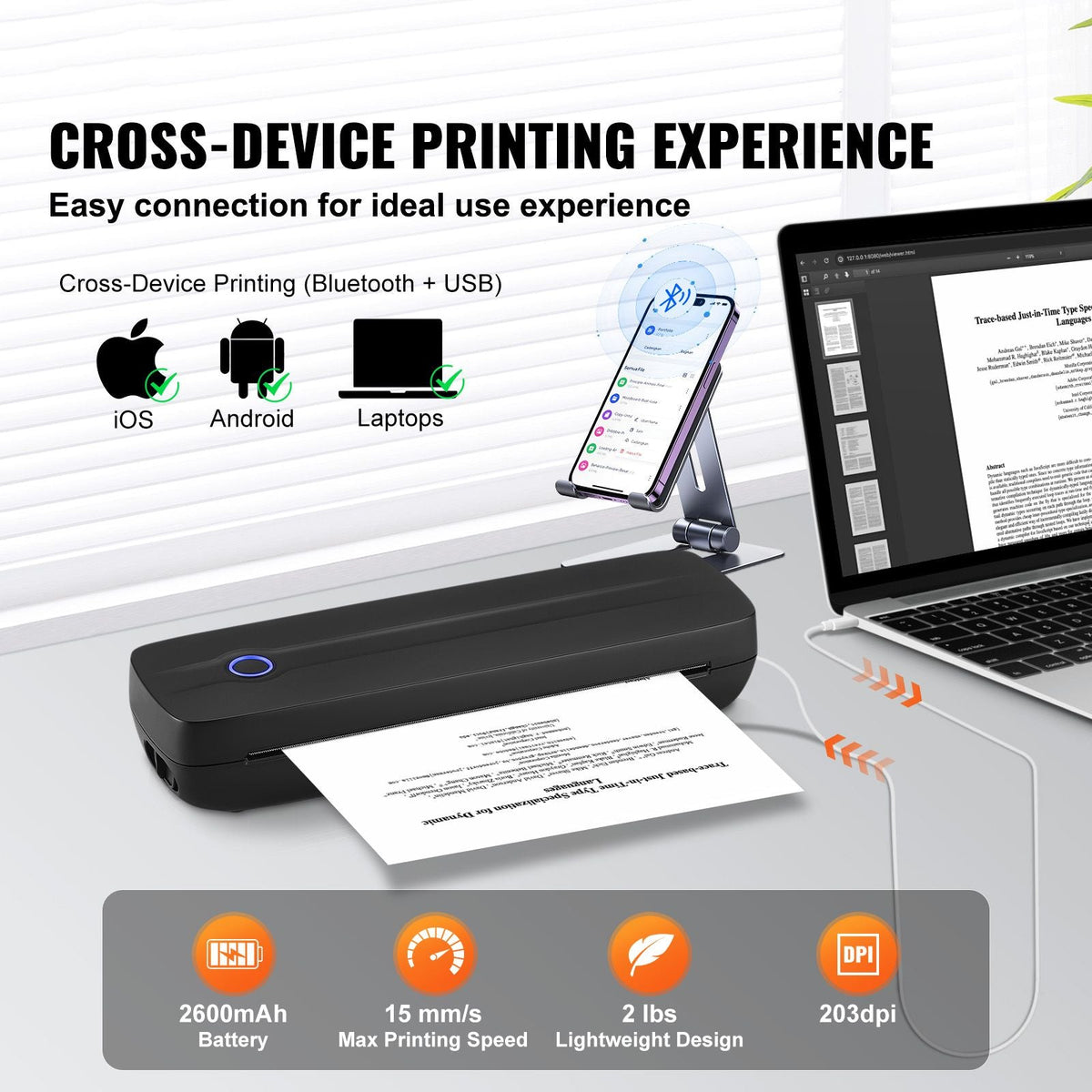 Portable Printer - 2600mAh Battery, 203 DPI, Bluetooth Inkless Mobile Printer for A4, A5 & 8.5" x 11" Thermal Paper, Compatible with iOS, Android & Laptop, Ideal for Travel, Office & Home Use