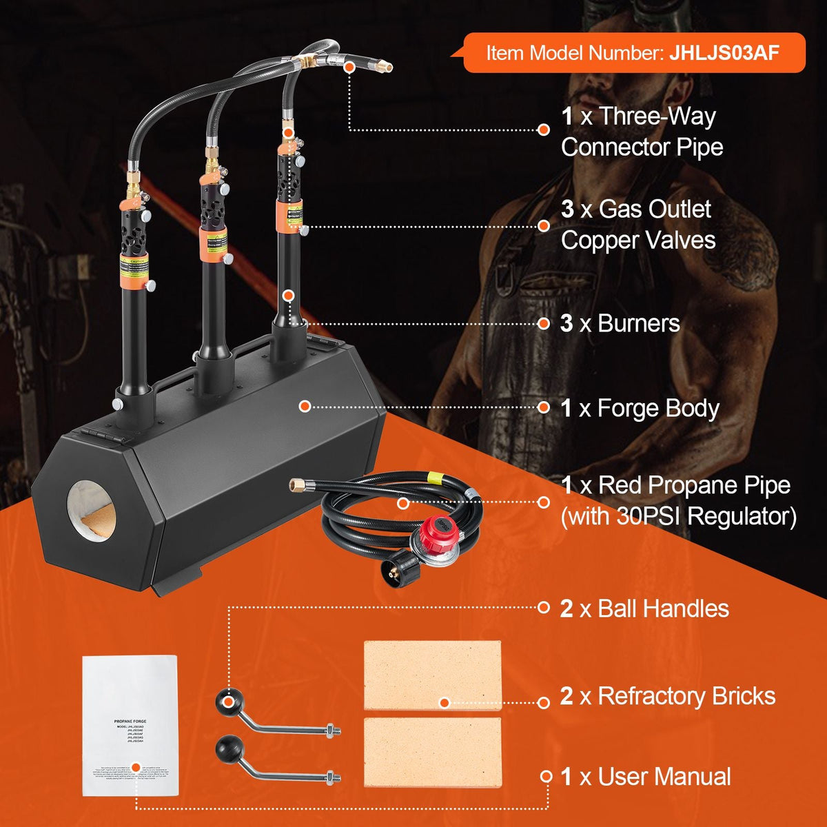 Portable Propane Forge, 3 Burner Farrier Forge, 2600 Fahrenheit Tool and Knife Making Blacksmithing Gas Forge, Large Capacity Hexagon Cold-Rolled Steel Gas Forging Tools and Equipment