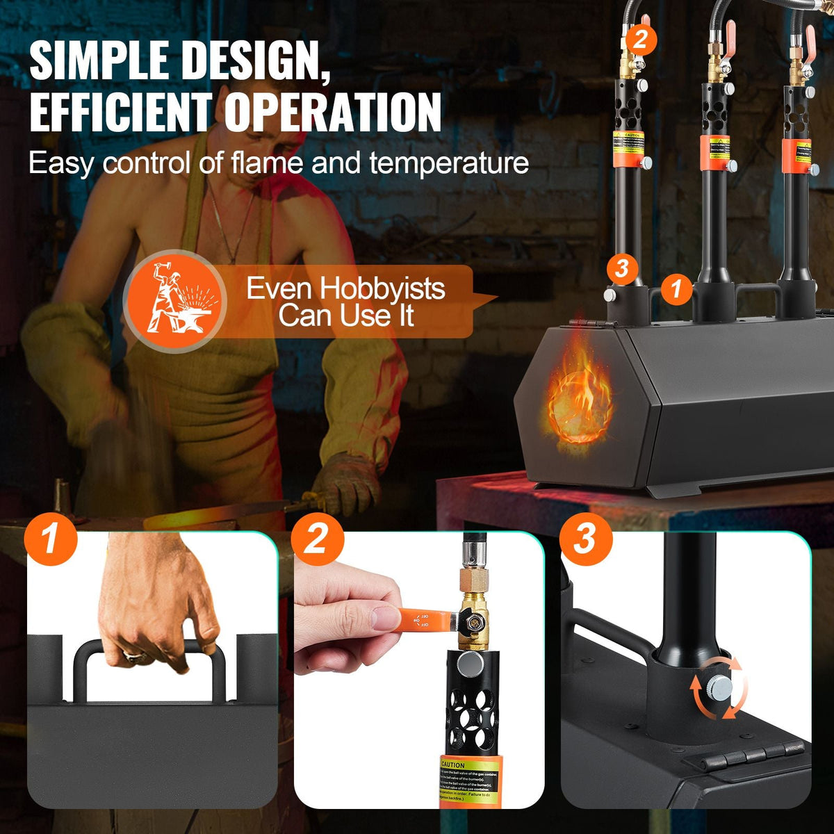 Portable Propane Forge, 3 Burner Farrier Forge, 2600 Fahrenheit Tool and Knife Making Blacksmithing Gas Forge, Large Capacity Hexagon Cold-Rolled Steel Gas Forging Tools and Equipment
