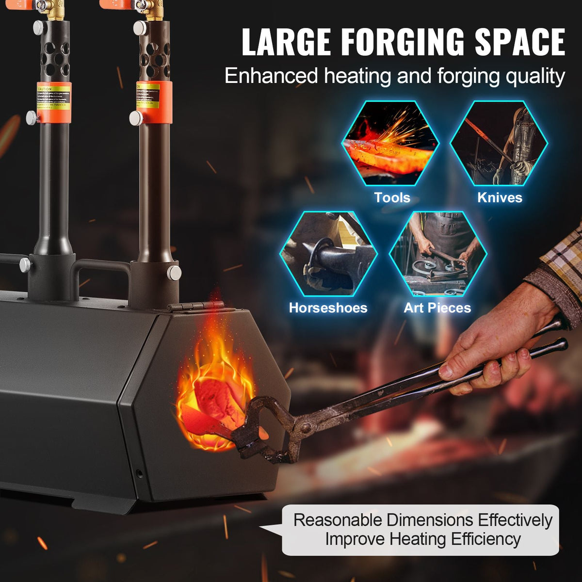 Portable Propane Forge, 3 Burner Farrier Forge, 2600 Fahrenheit Tool and Knife Making Blacksmithing Gas Forge, Large Capacity Hexagon Cold-Rolled Steel Gas Forging Tools and Equipment