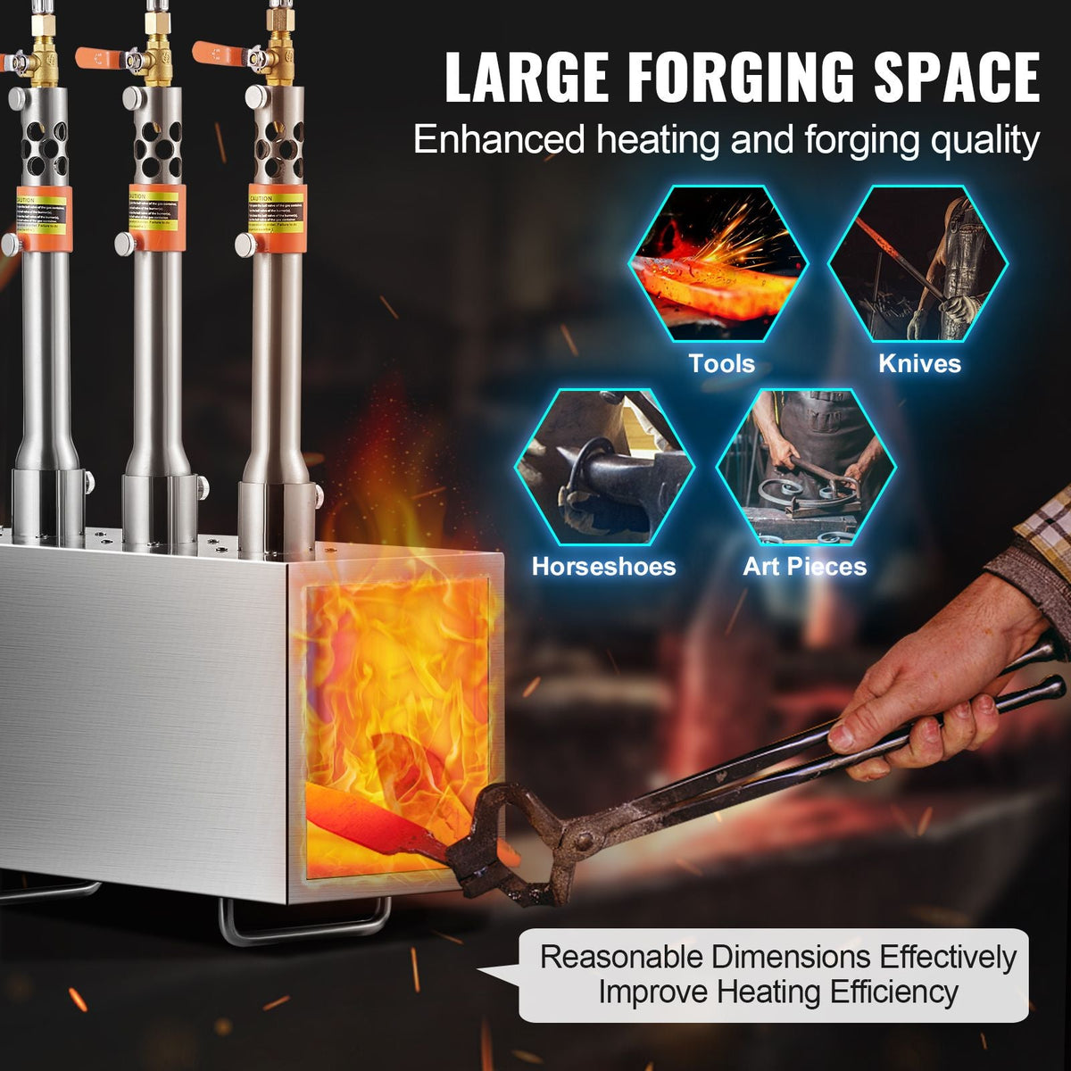 Portable Propane Forge, 3 Burner Farrier Forge, 2600 Fahrenheit Tool and Knife Making Blacksmithing Gas Forge, Large Capacity Square Stainless Steel Gas Forging Tools and Equipment