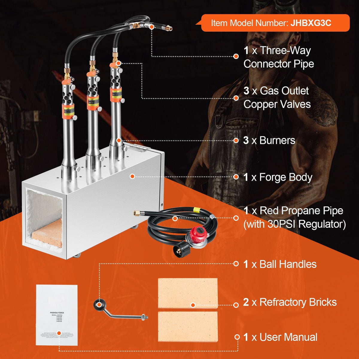 Portable Propane Forge, 3 Burner Farrier Forge, 2600 Fahrenheit Tool and Knife Making Blacksmithing Gas Forge, Large Capacity Square Stainless Steel Gas Forging Tools and Equipment
