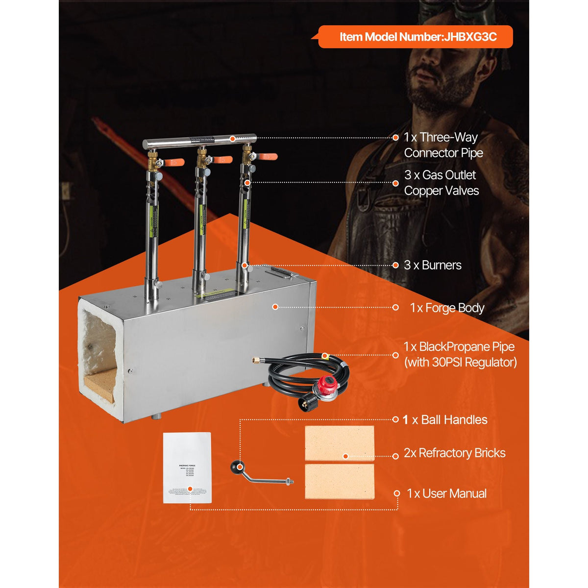 Portable Propane Forge, 3 Burners, 2600 Fahrenheit Tool and Knife Making Blacksmithing Farrier Forge, Large Capacity Square Shape, Stainless Steel Gas Forging Tools and Equipment
