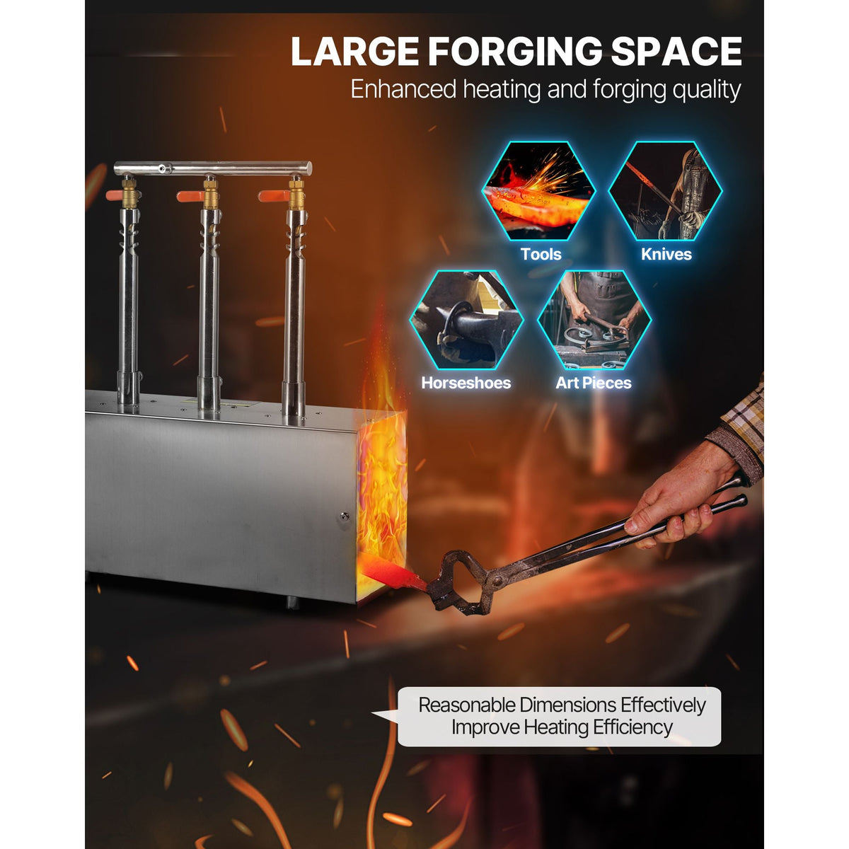 Portable Propane Forge, 3 Burners, 2600 Fahrenheit Tool and Knife Making Blacksmithing Farrier Forge, Large Capacity Square Shape, Stainless Steel Gas Forging Tools and Equipment