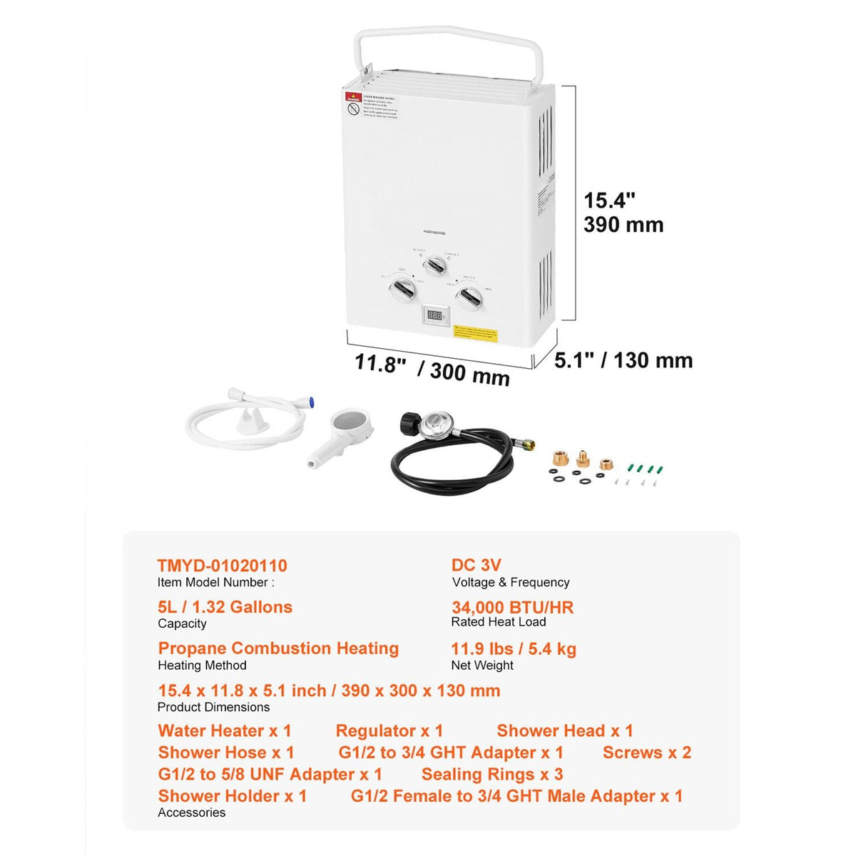 Portable Propane Water Heater, 5L Tankless Outdoor Water Heater, 34000 BTU 1.32 GPM Instant Hot Water, with Accessory Set + Regulator for RV Camping Trips Cabins Barns
