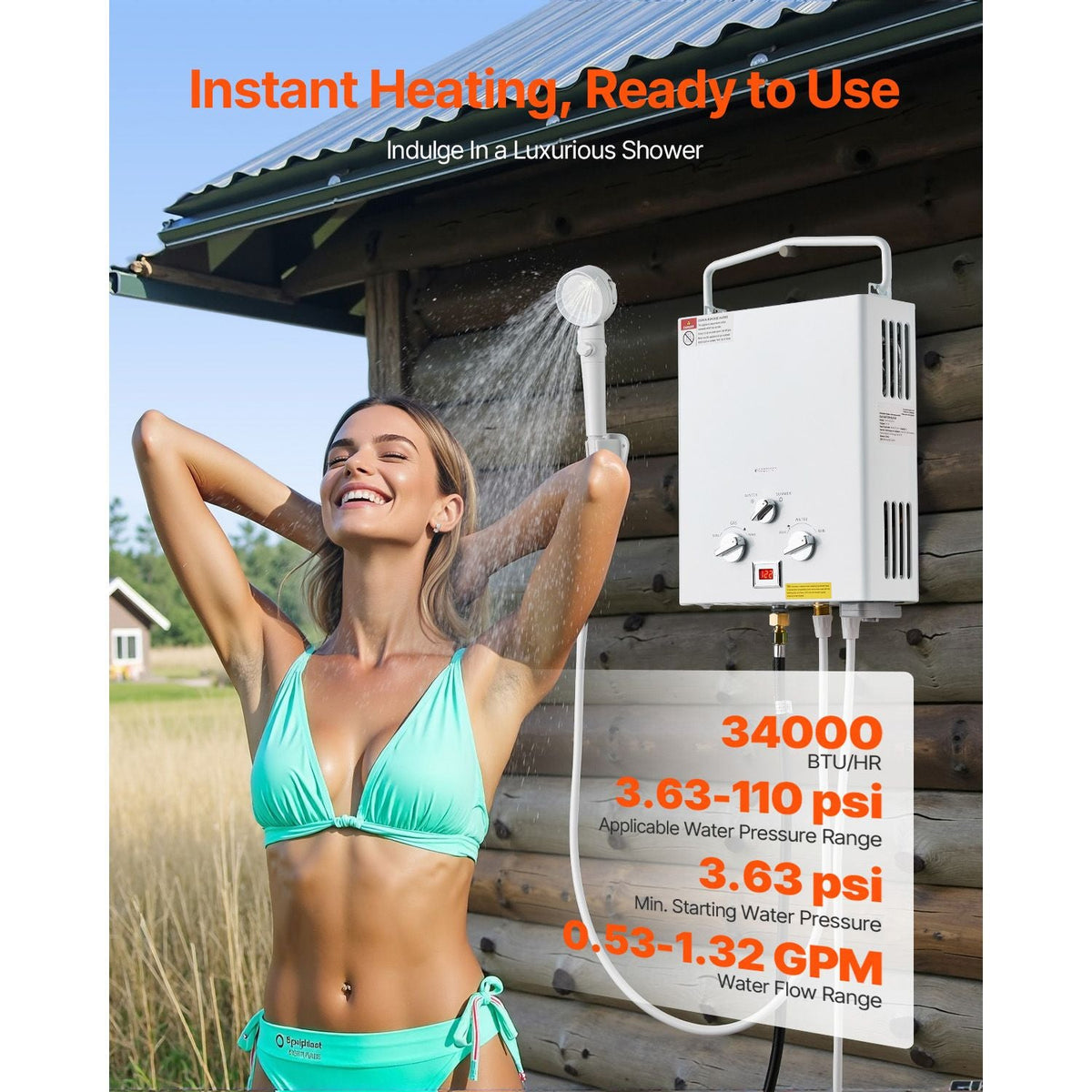Portable Propane Water Heater, 5L Tankless Outdoor Water Heater, 34000 BTU 1.32 GPM Instant Hot Water, with Accessory Set + Regulator for RV Camping Trips Cabins Barns