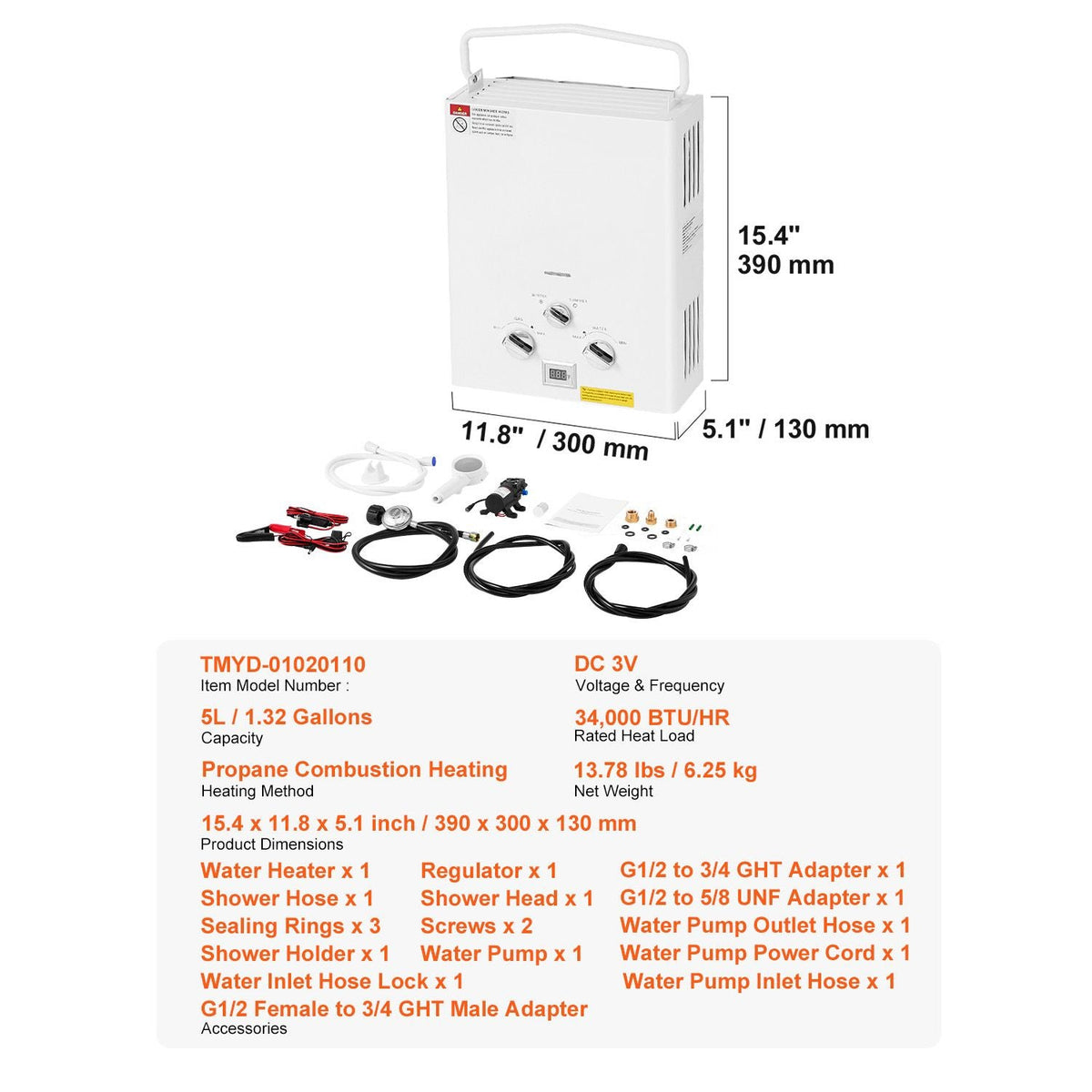 Portable Propane Water Heater, 5L Tankless Outdoor Water Heater, 34000 BTU 1.32 GPM Instant Hot Water, with Accessory Set + Regulator +Water Pump for RV Camping Trips Cabins Barns