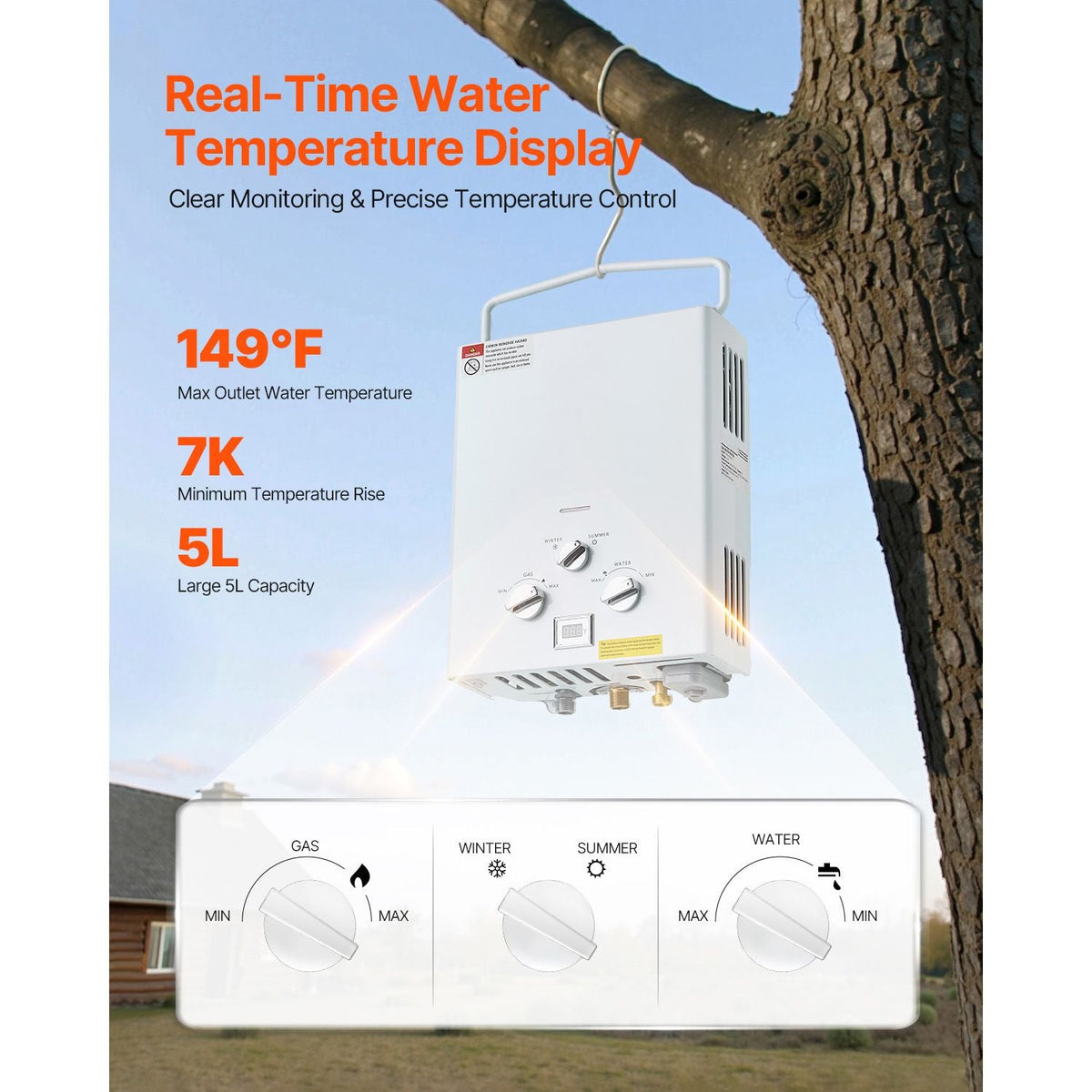Portable Propane Water Heater, 5L Tankless Outdoor Water Heater, 34000 BTU 1.32 GPM Instant Hot Water, with Accessory Set + Regulator +Water Pump for RV Camping Trips Cabins Barns