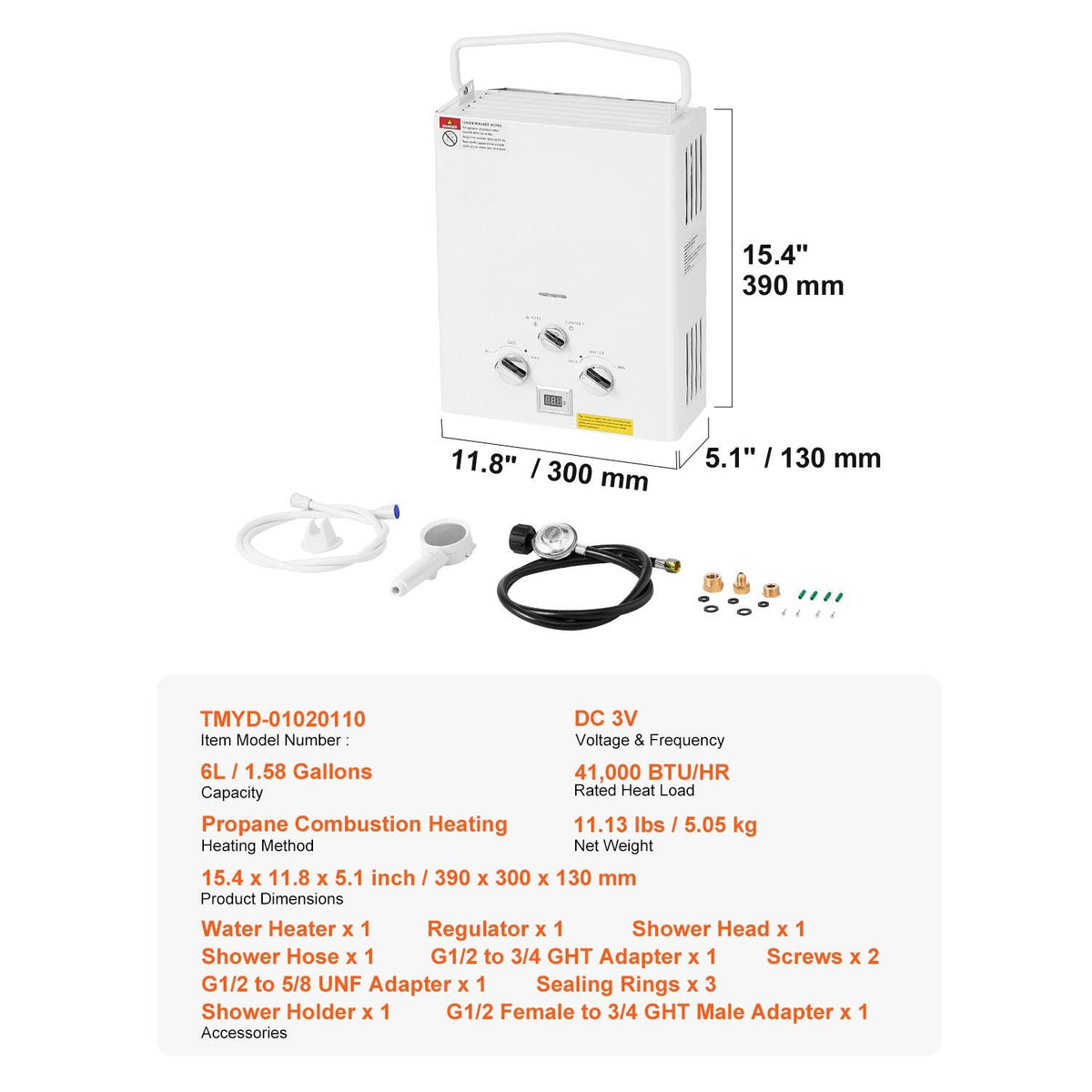 Portable Propane Water Heater, 6L Tankless Outdoor Water Heater, 41000 BTU 1.58 GPM Instant Hot Water, with Accessory Set + Regulator for RV Camping Trips Cabins Barns