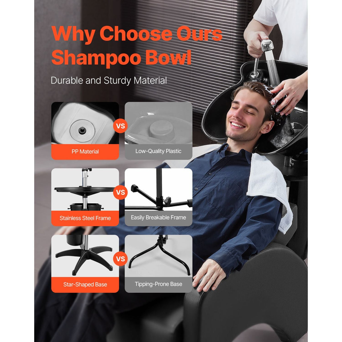 Portable Shampoo Bowl, Deep Shampoo Sink with Adjustable Height & Angle, Washing Hair Station Includes Drain Hose, Shower Head and Bucket, Salon Sink for Home & Barber Use, Black