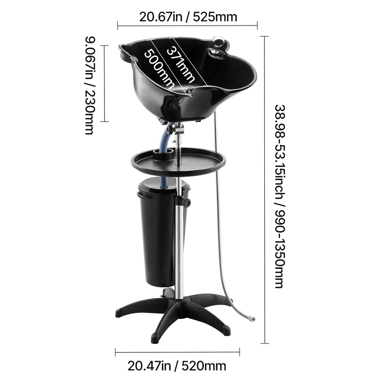 Portable Shampoo Bowl, Deep Shampoo Sink with Adjustable Height & Angle, Washing Hair Station Includes Drain Hose, Shower Head and Bucket, Salon Sink for Home & Barber Use, Black
