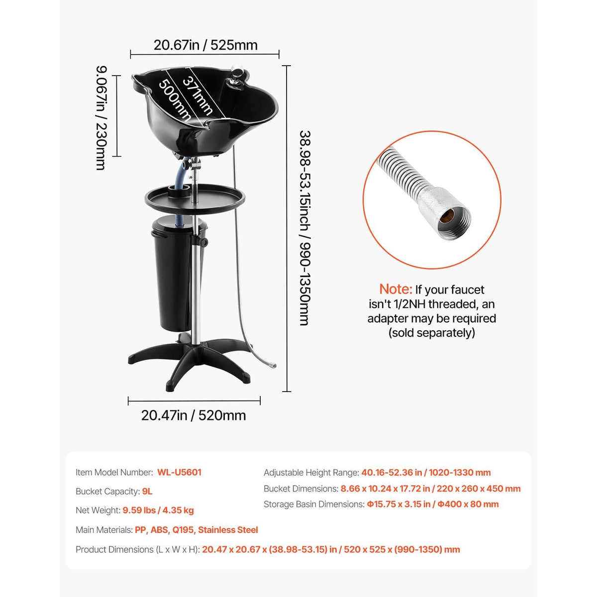 Portable Shampoo Bowl, Deep Shampoo Sink with Adjustable Height & Angle, Washing Hair Station Includes Drain Hose, Shower Head and Bucket, Salon Sink for Home & Barber Use, Black