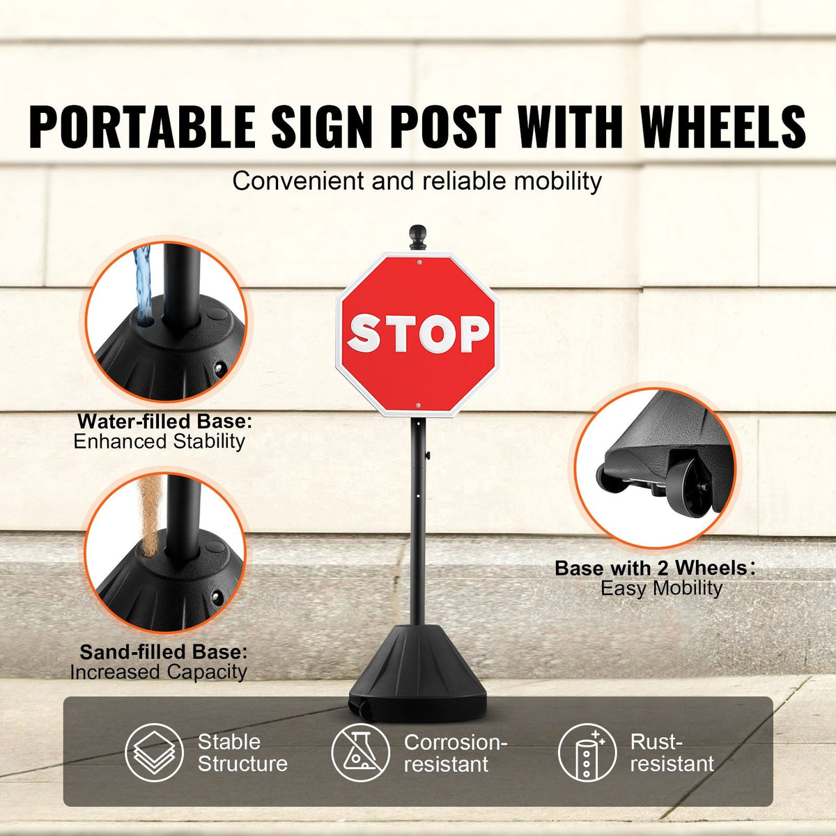 Portable Sign Post, 5 ft Cast Iron Sign Post Holder with Hard Plastic Base & Wheels, Movable Parking Sign Stand for No Parking Street Signs, Handicap Parking Sign, with Base, Bolts Nuts, Black