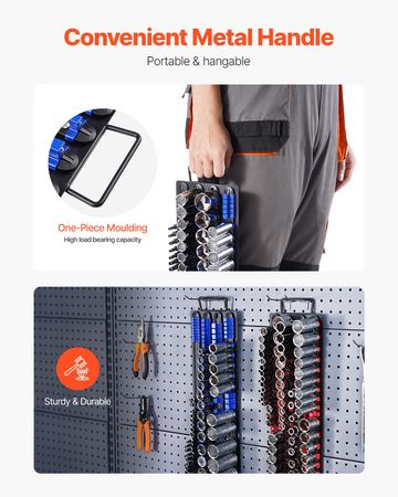 Portable Socket Organizer Tray, 2PCS Metric & SAE Socket Organizer Set Hold up to 160 Sockets, 1/4", 3/8" and 1/2" Heavy-Duty Socket Rail with Handle & Steel Base for Tool Box Drawer