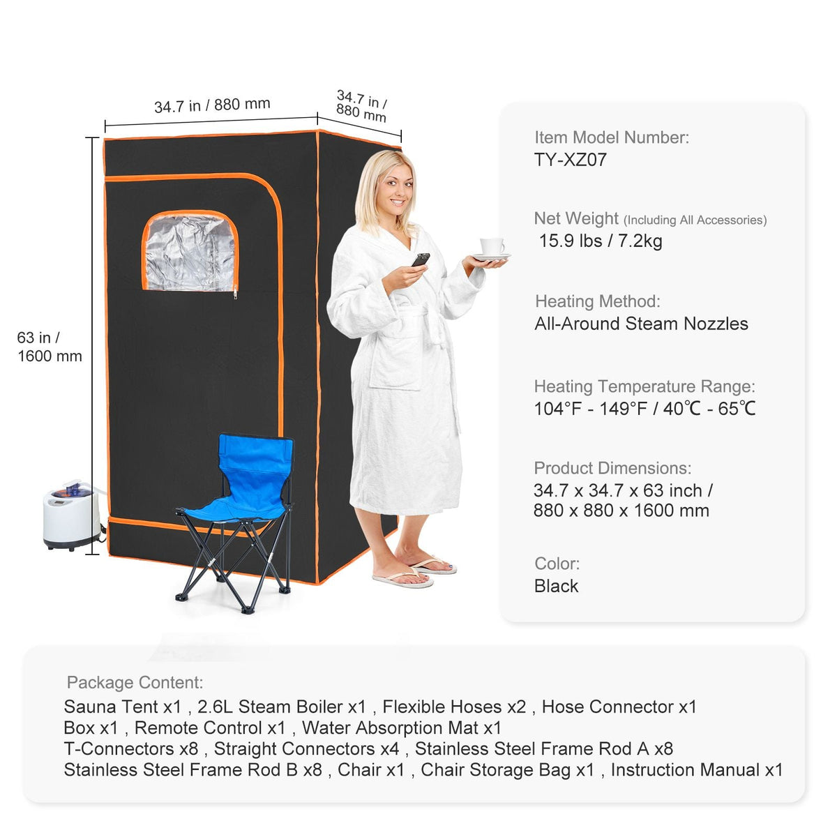 Portable Steam Sauna Tent Full Size, 1200W With Visible Window, Personal Sauna Blanket Kit for Home Spa, Detoxify & Soothing Heated Body Therapy,Time&Temperature Remote Control with Chair,Black