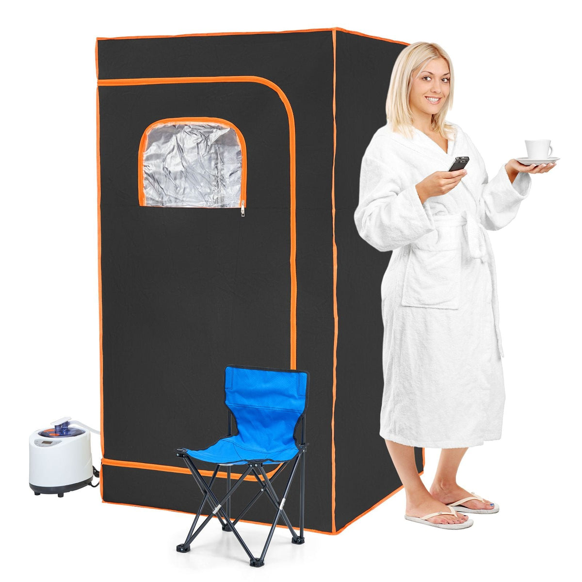 Portable Steam Sauna Tent Full Size, 1200W With Visible Window, Personal Sauna Blanket Kit for Home Spa, Detoxify & Soothing Heated Body Therapy,Time&Temperature Remote Control with Chair,Black