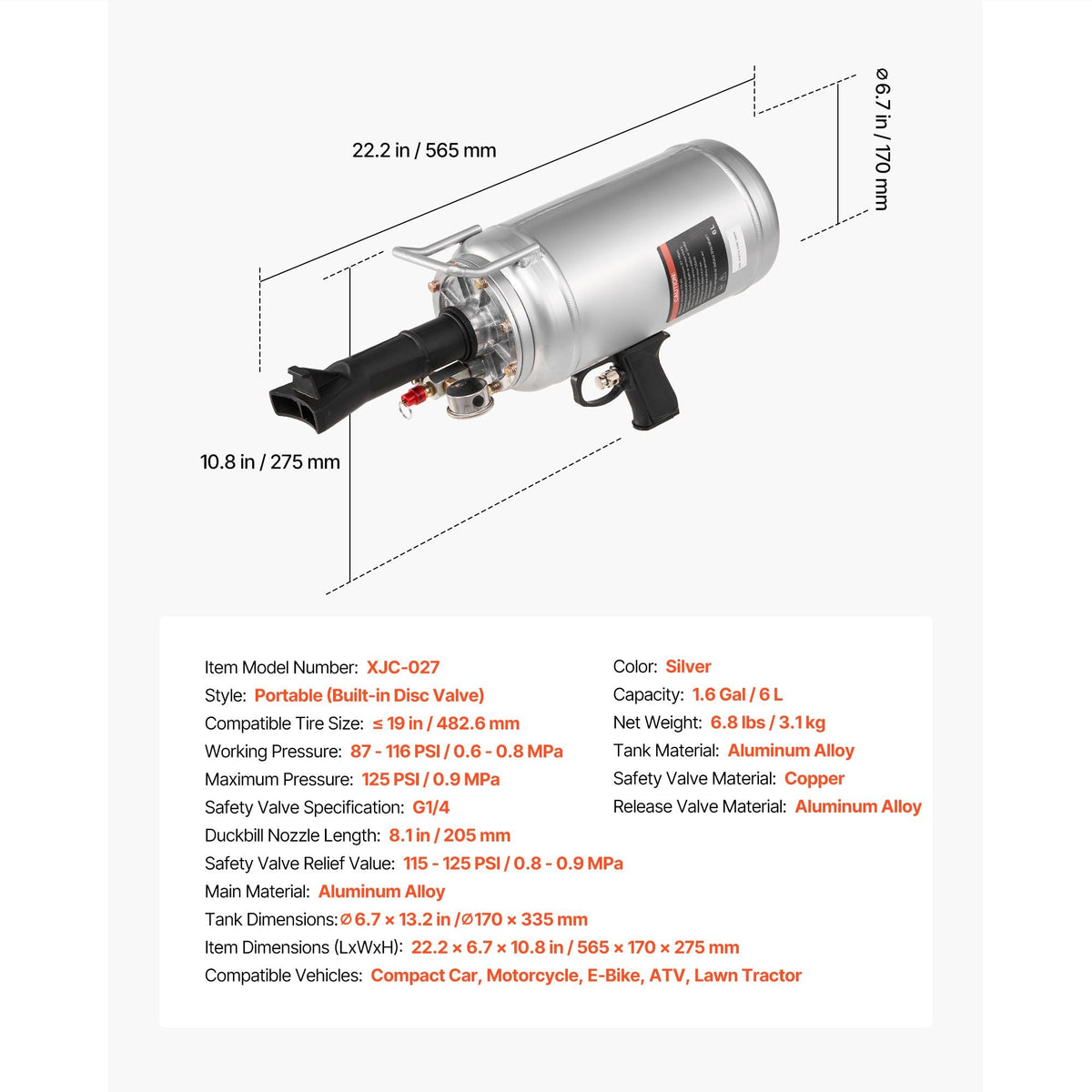 Portable Tire Bead Seater, 1.6 Gal / 6 L Air Bead Blaster, Handheld Tire Inflator Tool, 87-116 PSI Operating Pressure, Trigger Seating Inflator for Car, Compact SUV, Light Truck, E-Bike, RV, ATV