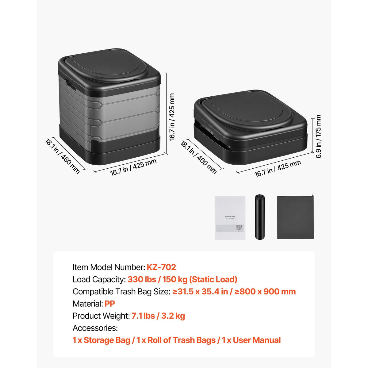 Portable Toilet, 330 lbs Load Capacity, Folding Camping Toilet for Adults, Outdoor Travel Potty with Carry Bag, Trash Bags, Suitable for Home Use, RV Travel, Camping, Hiking, Boating, Car, Trips