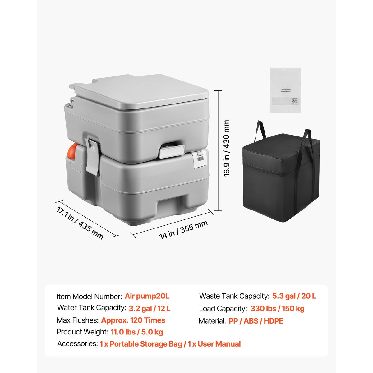 Portable Toilet, 5.3 Gallon Detachable Waste Tank, 120 Flushes, Camping Toilet for Adults, Outdoor Travel Potty with Level Indicator, Carry Bag, Suitable for RV Travel, Camping, Hiking, Boating