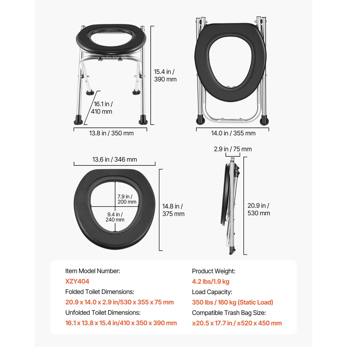 Portable Toilet for Camping, 350 lbs Weight Capacity, Stainless Steel Foldable Camp Travel Toilet with Soft Seat for Adults, Suitable for Truckers, RV Travel, Camping, Road Trips, Outdoor Use