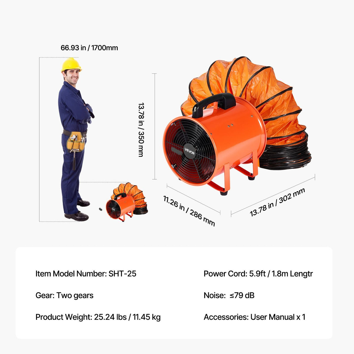 Portable Ventilator, 10 inch Heavy Duty Cylinder Fan with 33ft Duct Hose, 350W Strong Shop Exhaust Blower 1948CFM, Industrial Utility Blower for Sucking Dust, Smoke, Smoke Home/Workplace