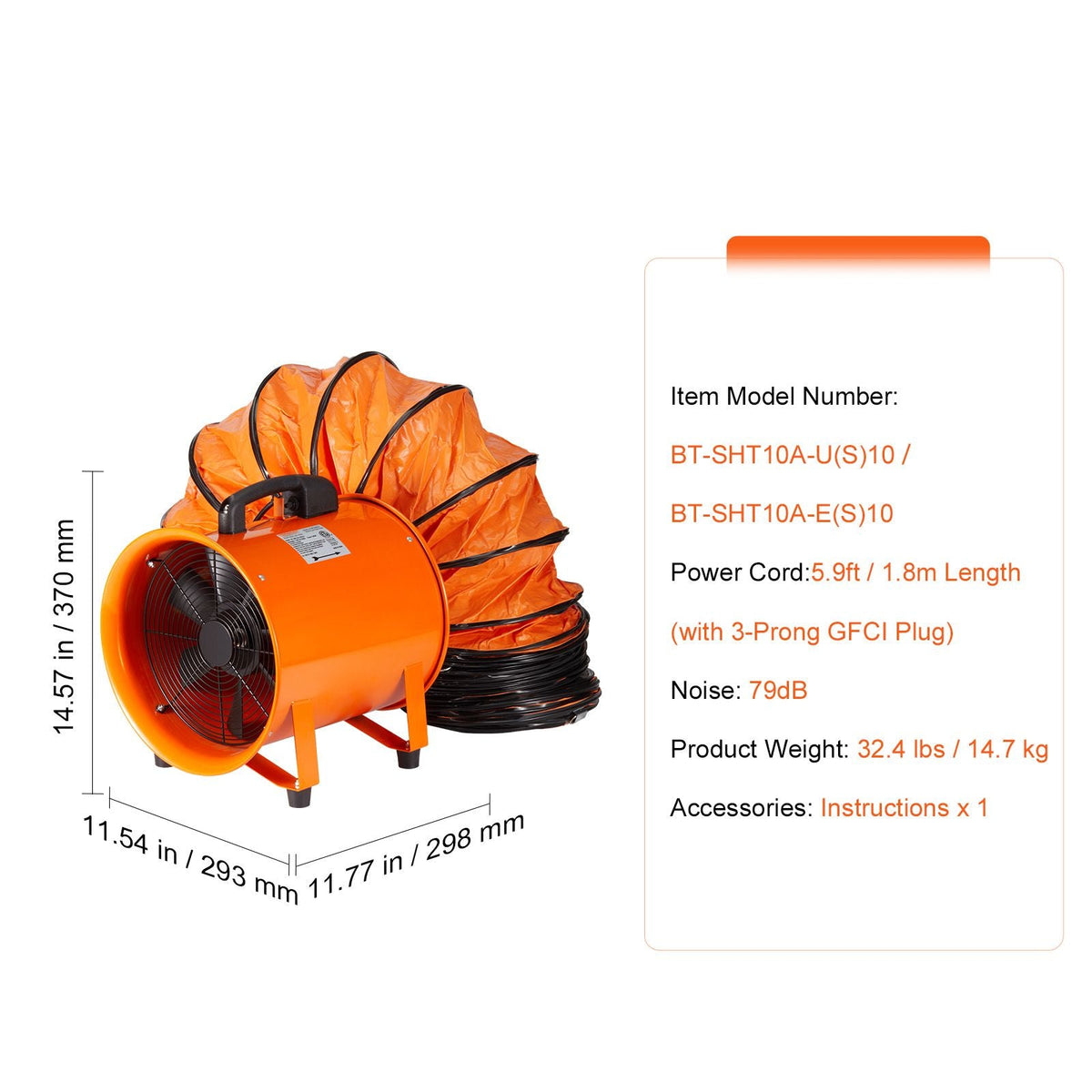 Portable Ventilator, 10 inch Heavy Duty Cylinder Fan with 33ft Duct Hose, 380W Strong Shop Exhaust Blower 1893FM, Industrial Utility Blower for Sucking Dust, Smoke, Smoke Home/Workplace
