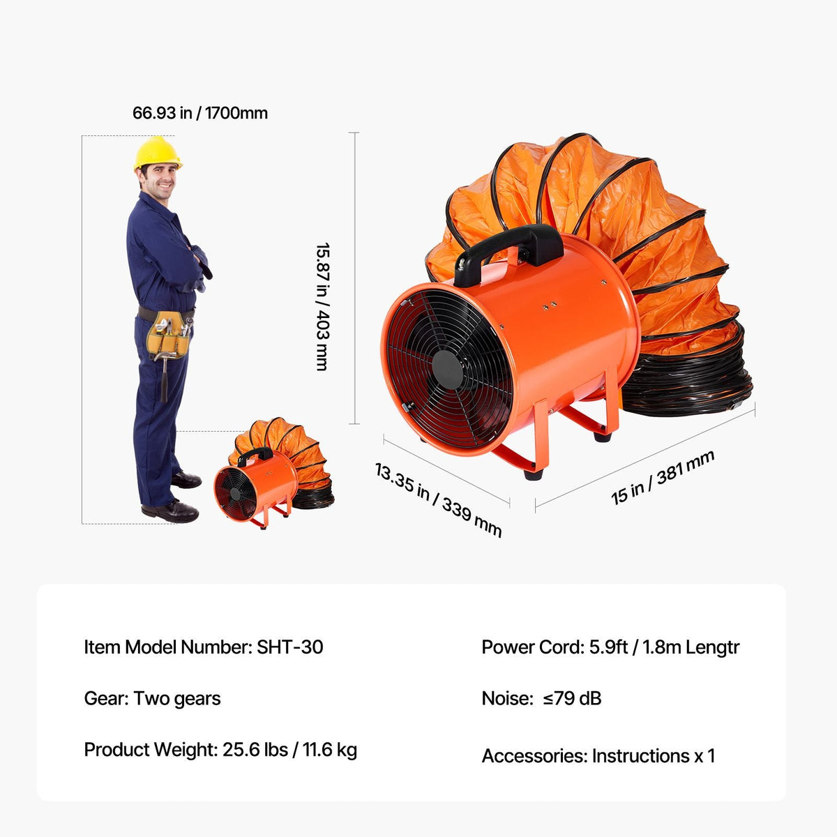 Portable Ventilator, 12 inch Heavy Duty Cylinder Fan with 16.4ft Duct Hose, 560W Strong Shop Exhaust Blower 2894CFM, Industrial Utility Blower for Sucking Dust, Smoke, Smoke Home/Workplace
