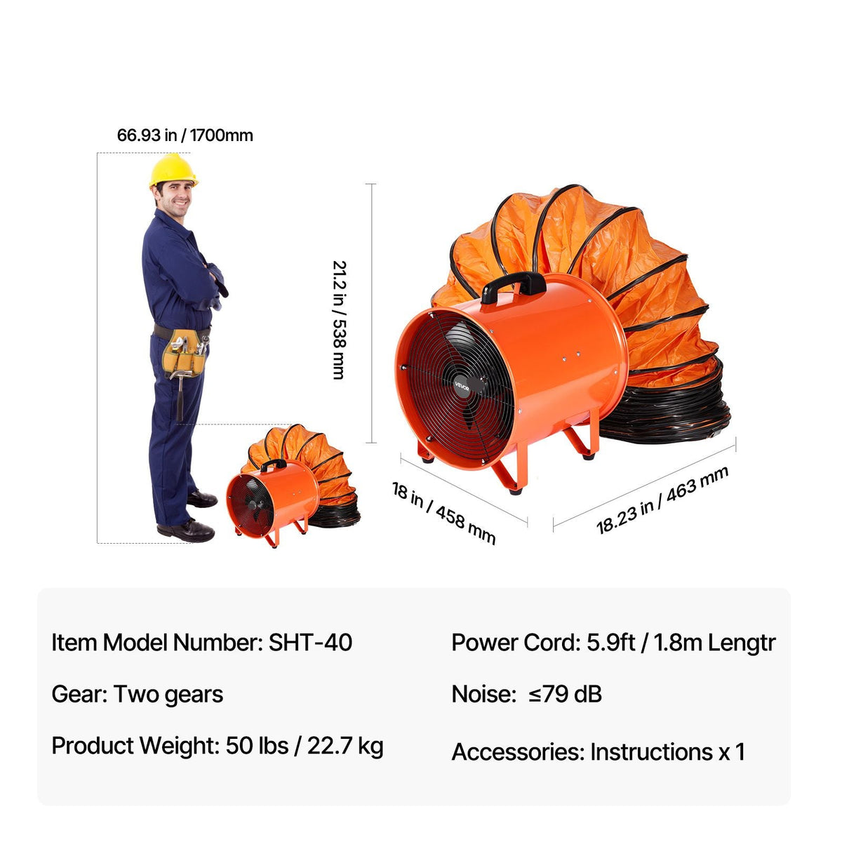 Portable Ventilator, 16 inch Heavy Duty Cylinder Fan with 16.4ft Duct Hose, 1350W Strong Shop Exhaust Blower 5175CFM, Industrial Utility Blower for Sucking Dust, Smoke, Smoke Home/Workplace