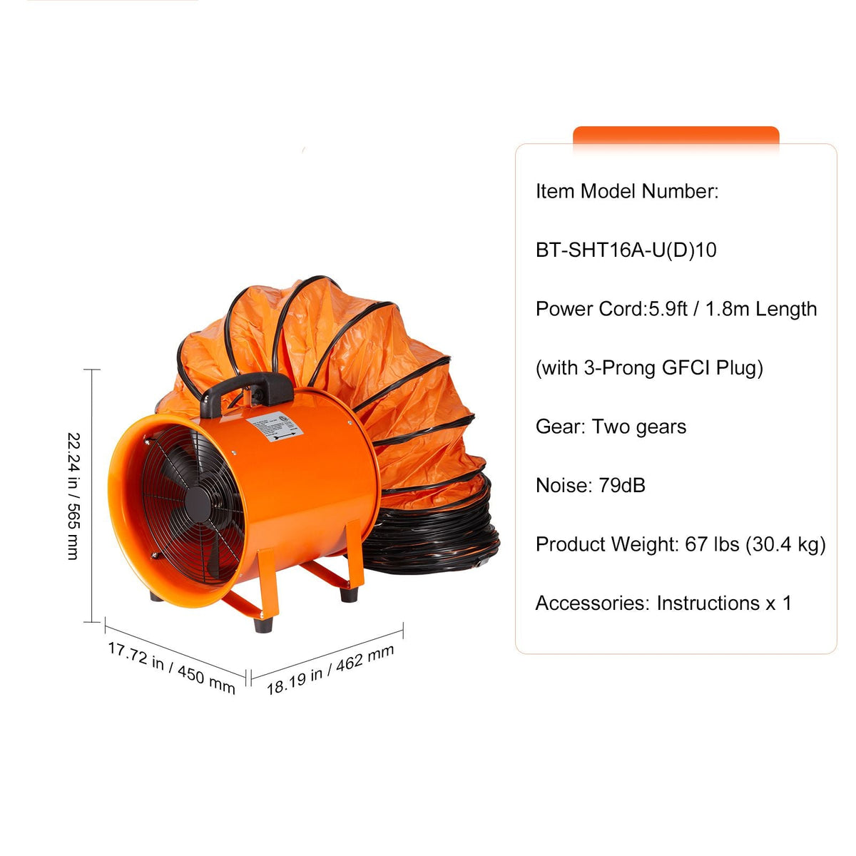 Portable Ventilator, 16 inch Heavy Duty Cylinder Fan with 33ft Duct Hose, 1350W Strong Shop Exhaust Blower 5175CFM, Industrial Utility Blower for Sucking Dust, Smoke, Smoke Home/Workplace