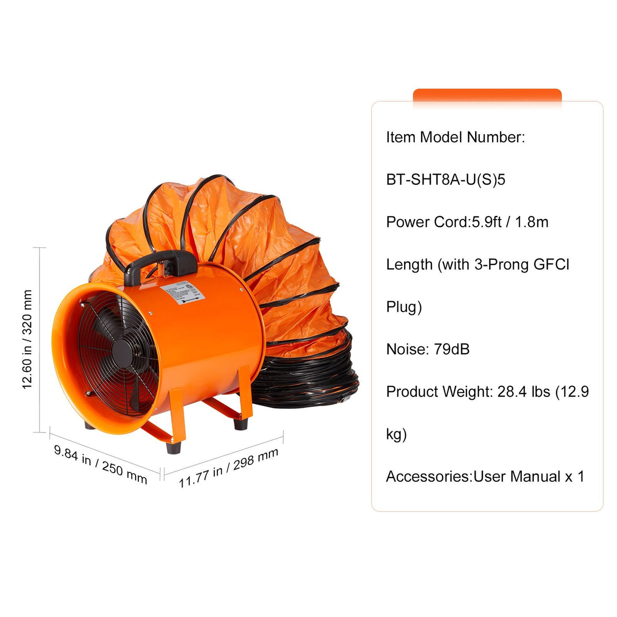 Portable Ventilator, 8 inch Heavy Duty Cylinder Fan with 16.4ft Duct Hose, 195W Strong Shop Exhaust Blower 1070CFM, Industrial Utility Blower for Sucking Dust, Smoke, Smoke Home/Workplace