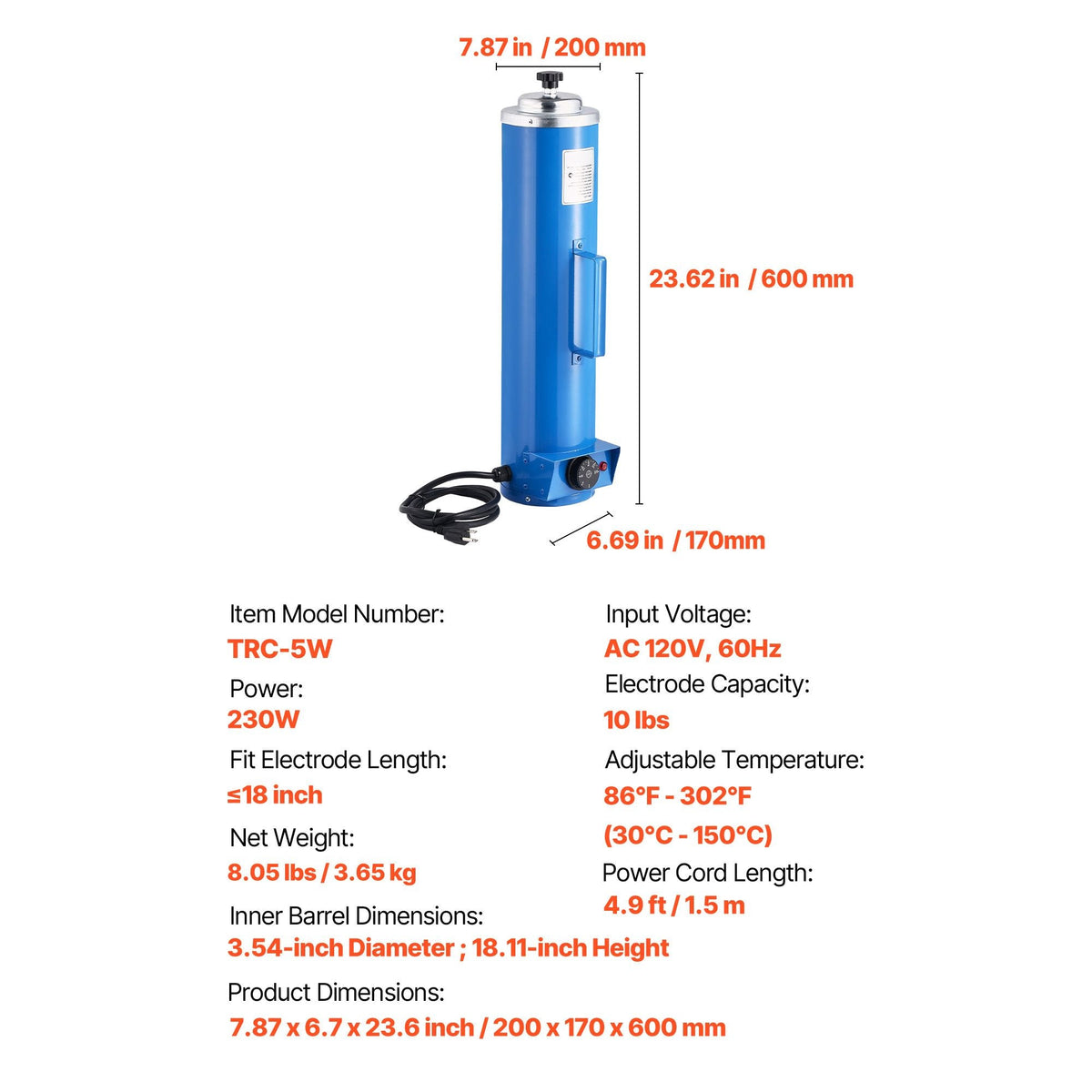 Portable Welding Rod Oven, 10LBS Capacity Electrodes Drying Oven 230W 120V, 86 to 302Fahrenheit Adjustable Welding Rods Dryer for 18-inch Stick Electrodes - with Easy-to-Carry Side Handle