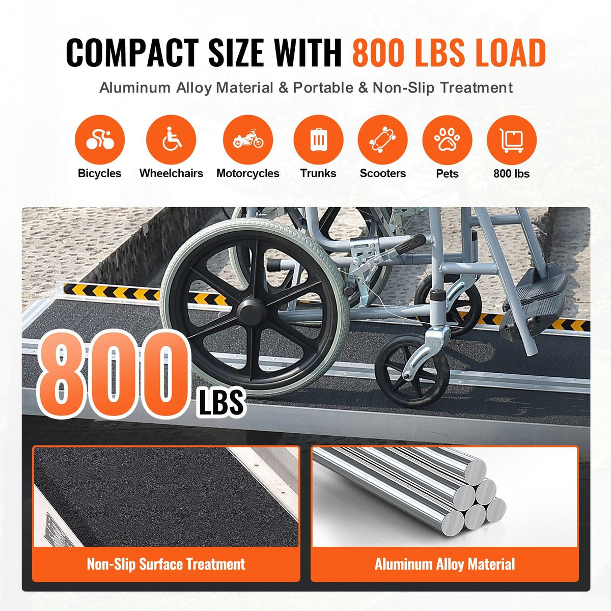 Portable Wheelchair Ramp, 10 ft 800 lbs Capacity, Non-Slip Aluminum Folding Threshold Ramp, Foldable Mobility Scooter Ramp Wheel Chair Ramp, Handicap Ramp for Home Steps, Stairs, Doorways, Curbs