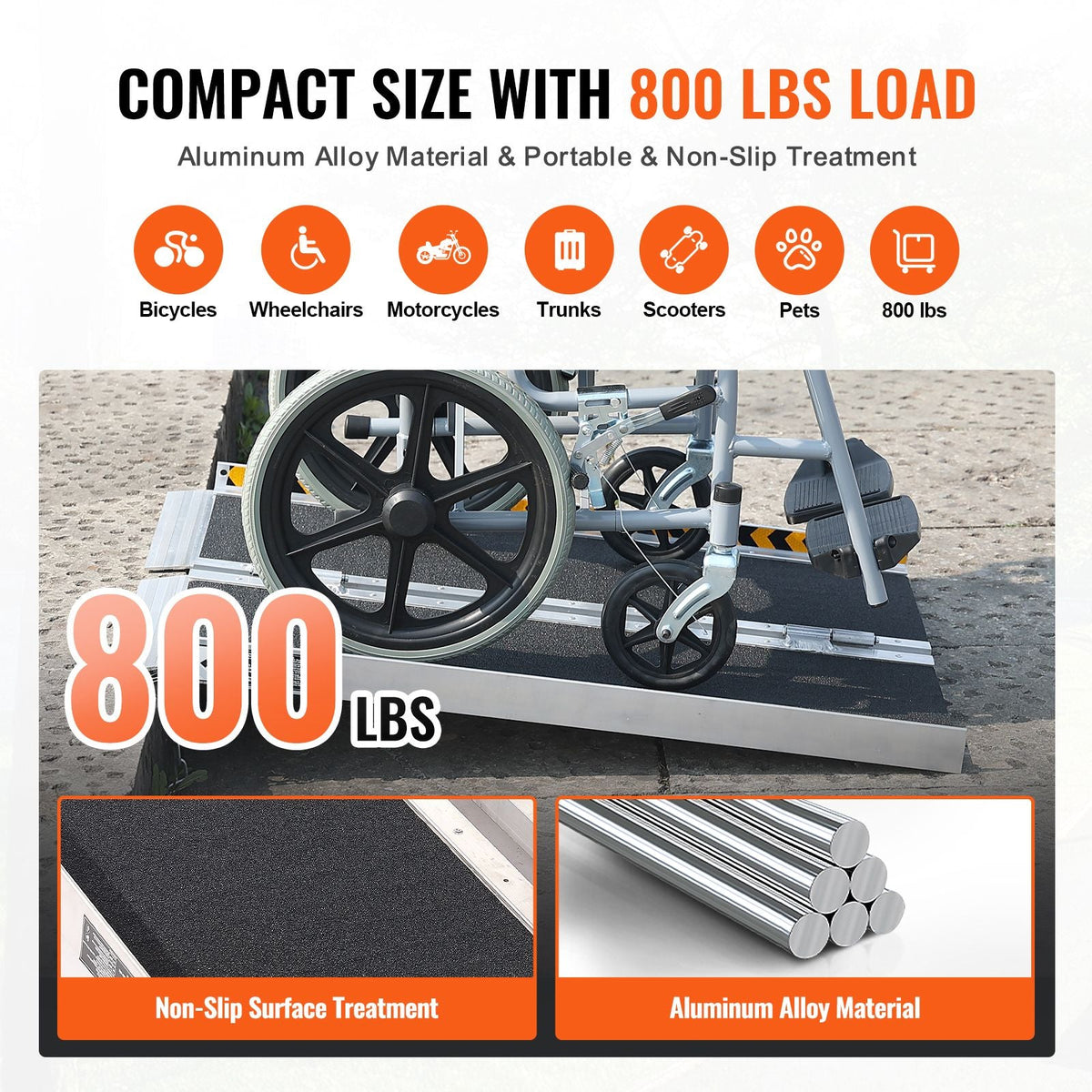 Portable Wheelchair Ramp, 3 ft 800 lbs Capacity, Non-Slip Aluminum Folding Threshold Ramp, Foldable Mobility Scooter Ramp Wheel Chair Ramp, Handicap Ramp for Home Steps, Stairs, Doorways, Curbs