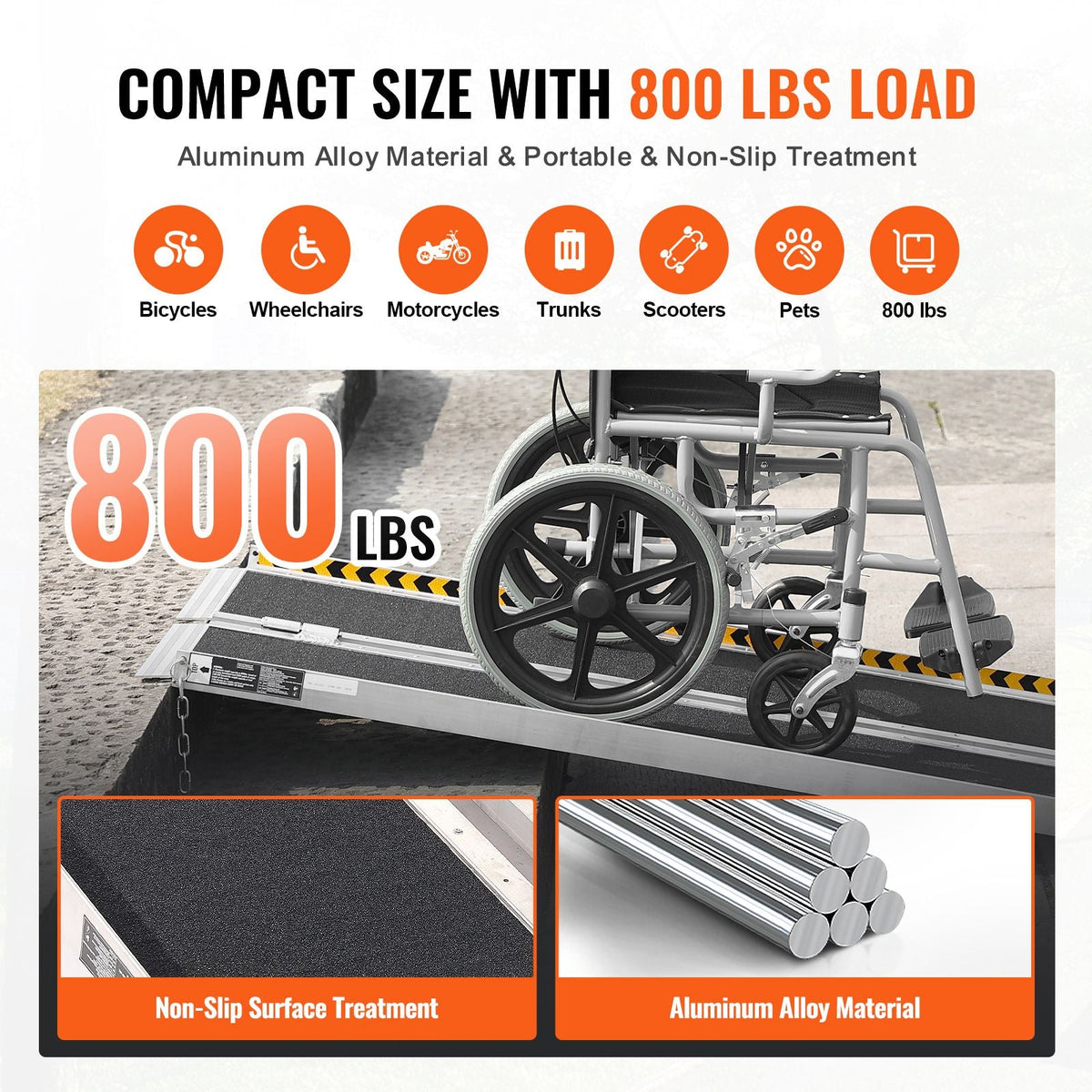 Portable Wheelchair Ramp, 6 ft 800 lbs Capacity, Non-Slip Aluminum Folding Threshold Ramp, Foldable Mobility Scooter Ramp Wheel Chair Ramp, Handicap Ramp for Home Steps, Stairs, Doorways, Curbs