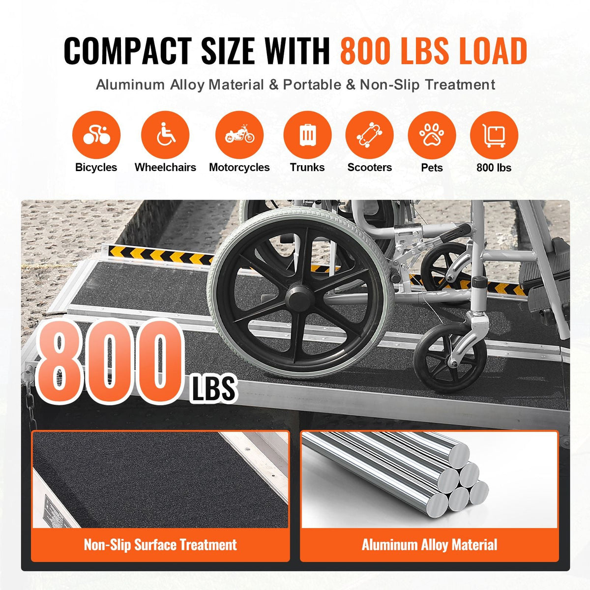 Portable Wheelchair Ramp, 8 ft 800 lbs Capacity, Non-Slip Aluminum Folding Threshold Ramp, Foldable Mobility Scooter Ramp Wheel Chair Ramp, Handicap Ramp for Home Steps, Stairs, Doorways, Curbs