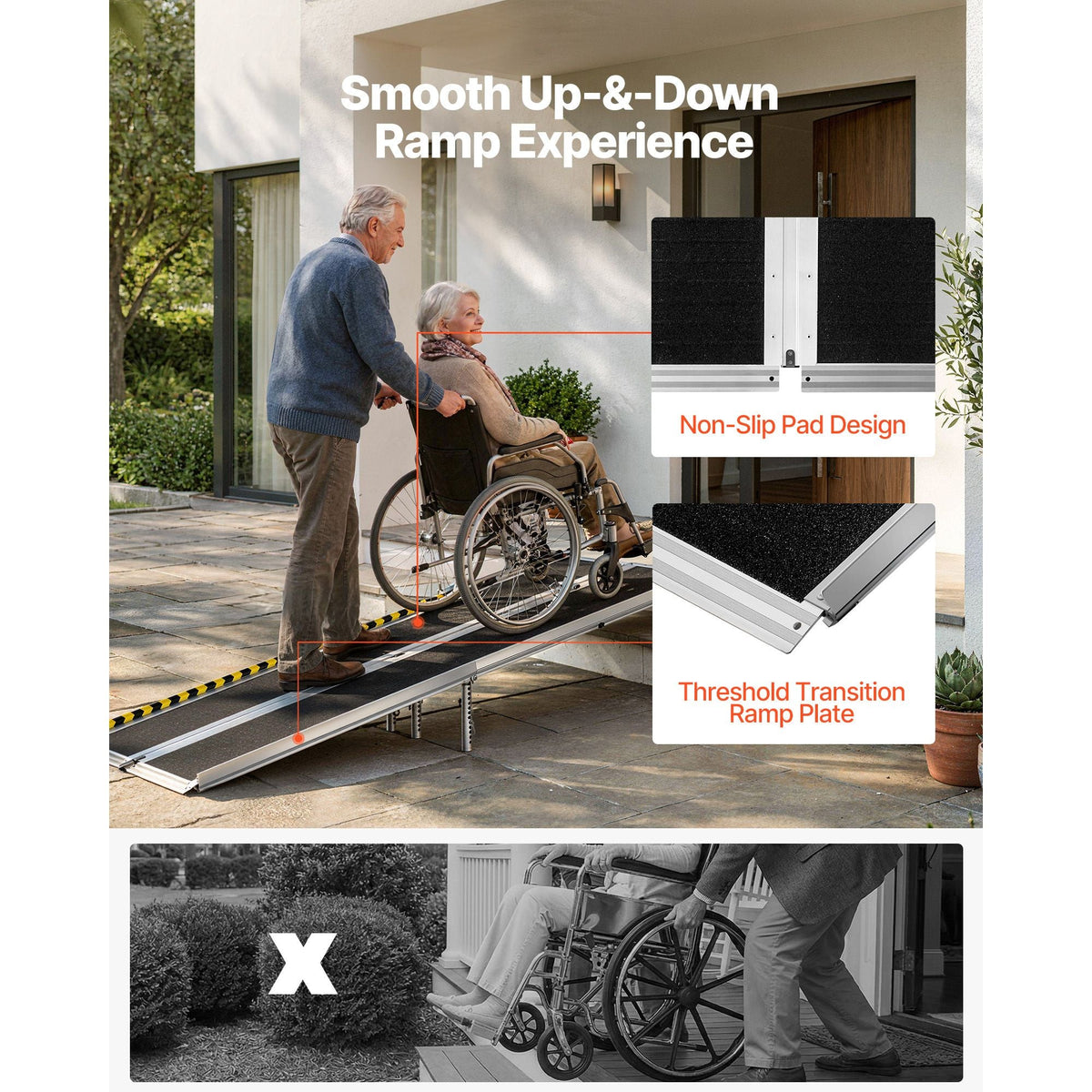 Portable Wheelchair Ramp, 8FT, Non-Slip Aluminum Folding Handicap Ramp for Wheelchair, 800 lbs Capacity, Door Threshold Ramps for Home Steps, Stairs, Entry, Threshold, Doorways, Scooter, Curbs