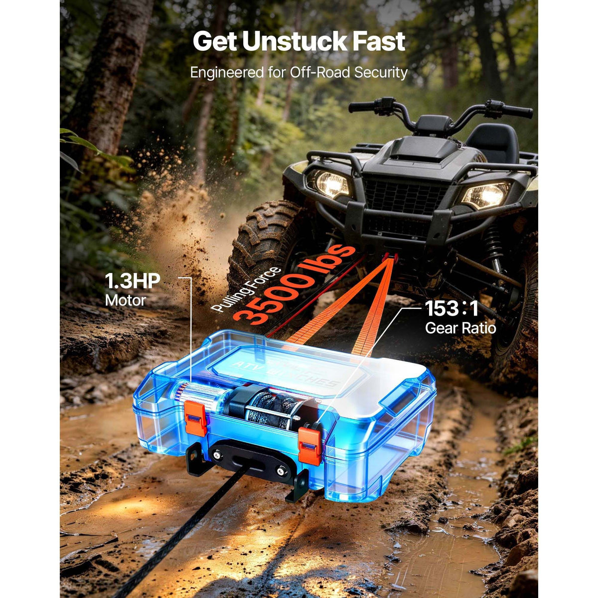 Portable Winch, 3500 lbs 12V DC Electric Winch with Synthetic Rope, Wireless & Wired Remotes, Box-Style Recovery Kit with Fairlead, Clevis Hook, Strap for ATV UTV Off-Road Outdoor Pulling Tasks