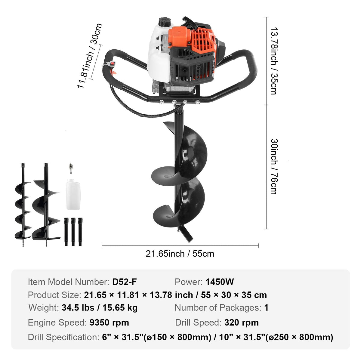 Post Hole Digger, 52cc 1450W Auger Post Hole digger, Gas Powered Earth Digger with Two Earth Auger Drill Bit 6" & 10" and 3 Extension Rods, for Farmland, Garden and Plant, EPA certification
