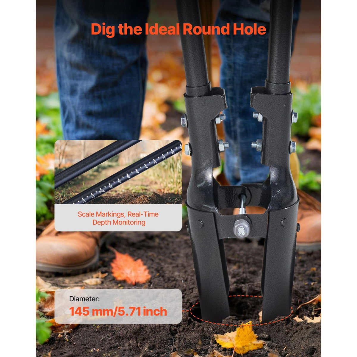 Post Hole Digger, Heavy Duty Post Hole Digger with Carbon Steel Handle, Manual Hole Digger with Scale Markings and Metal Blade, Post Hole Digger Tool for Digging Gardening Outdoors, 57.5-Inch